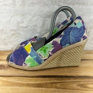 TOMS Wedge Heels Womens Size 7.5 Canvas Blue Floral High Peep Open Toe Shoes